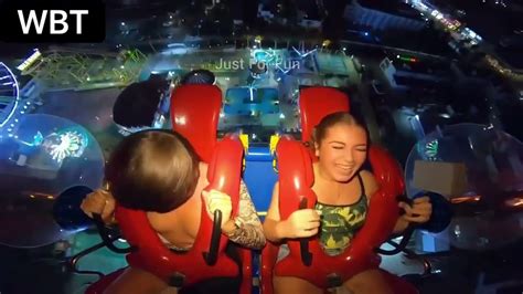 slingshot ride nip slip|The one where the girl loses her top on the roller coaster.